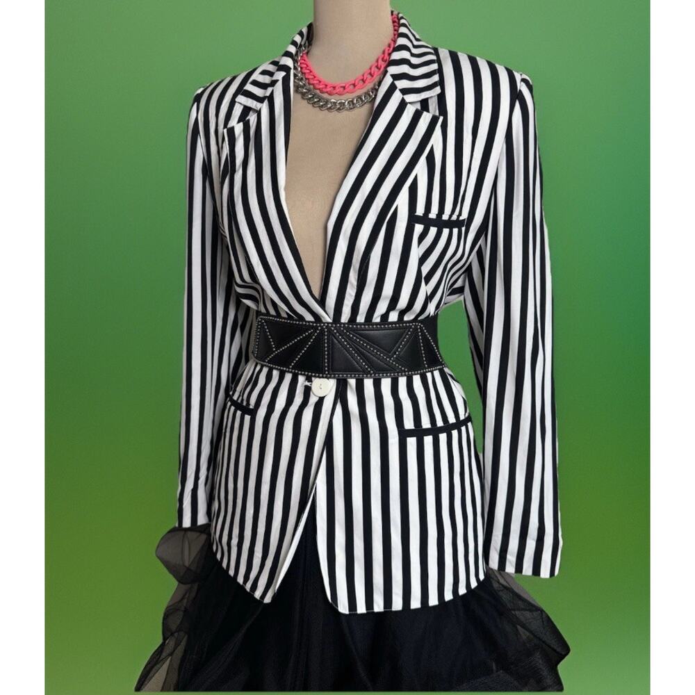 Vintage 1980s Oversized Black White Striped Blazer - Evan Picone - Avant Garde